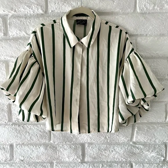 Elegant Milk & Honey Striped Button Down Blouse Puffy Sleeves - Picture 5 of 9